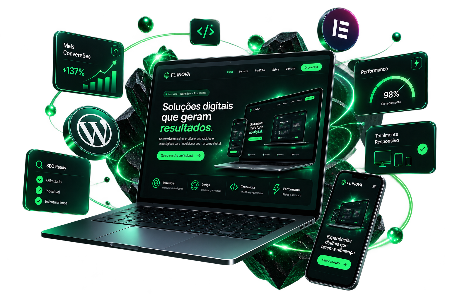Mockup 3D de website profissional FL INOVA