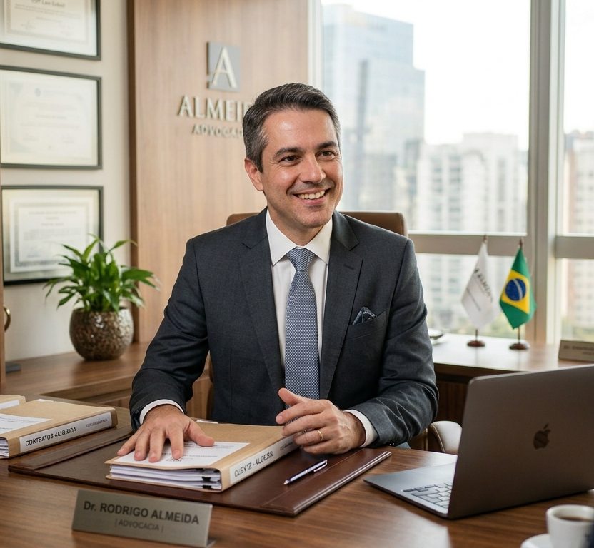 Dr. Rodrigo Almeida em seu escritório de advocacia